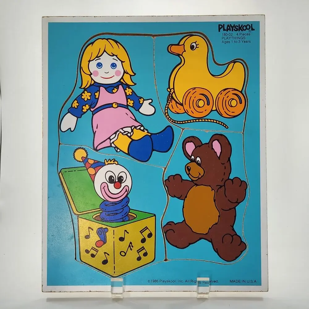 Vintage 1986 Playskool Wooden Puzzle “Playthings” 4-Piece Toy Theme